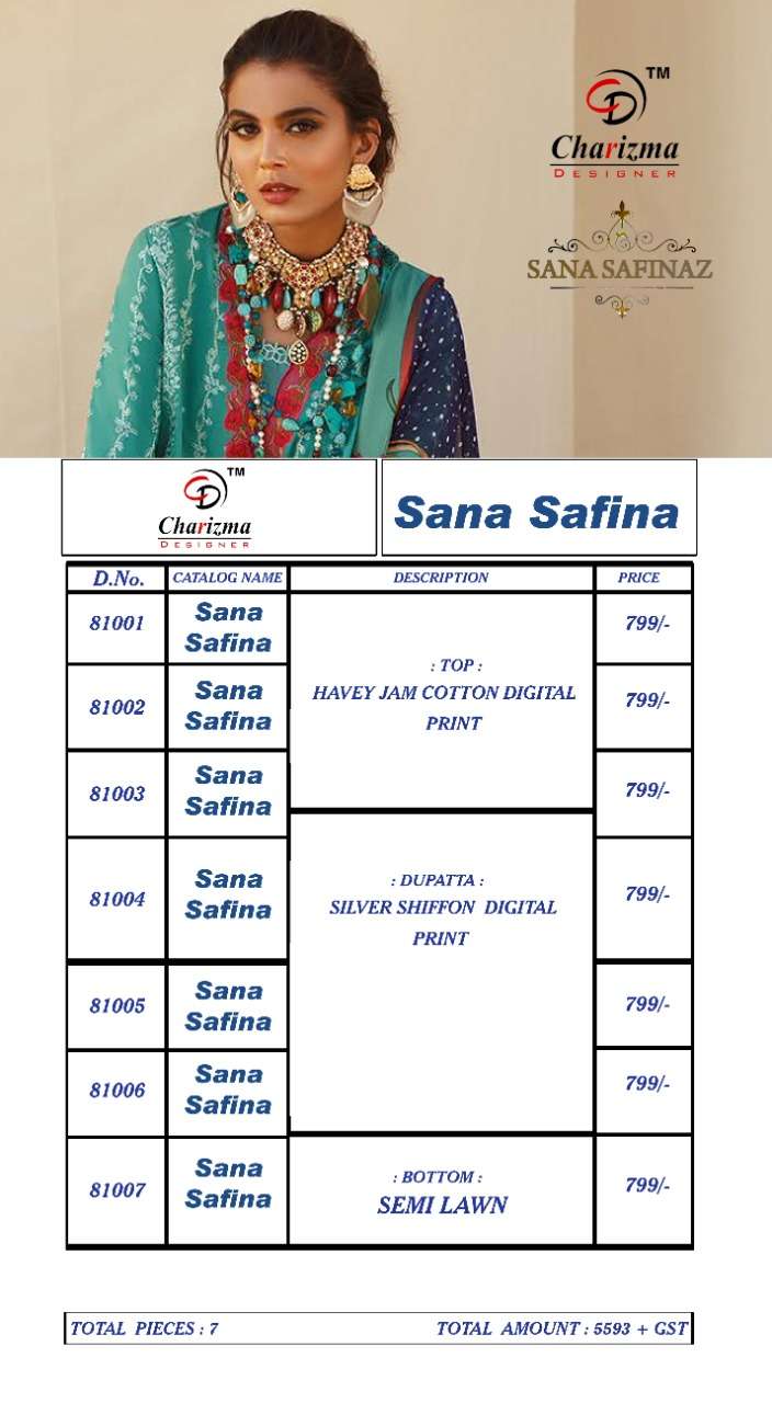 SANA SAFINAZ BY CHARIZAM DESIGNER 81001 TO 81007 SERIES BEAUTIFUL SUITS STYLISH FANCY COLORFUL PARTY WEAR & OCCASIONAL WEAR JAM COTTON WITH PATCH EMBROIDERY DRESSES AT WHOLESALE PRICE